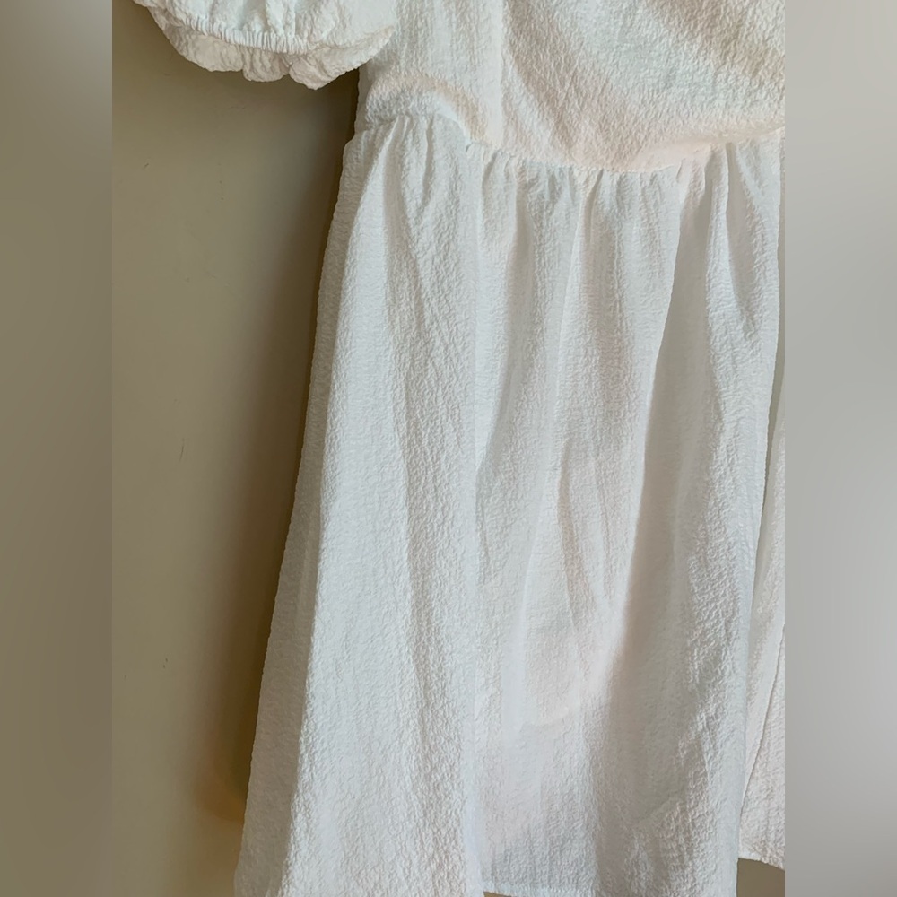 Lulus white crinkle dress mini graduation honeymoon beachy bridal puff sleeve - Picture 2 of 8